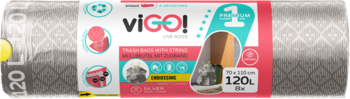 Szare worki na śmieci viGo! 120L zapachowe, zwinięte w rolkę, z taśmą. Opakowanie ma certyfikat Blue Angel.
