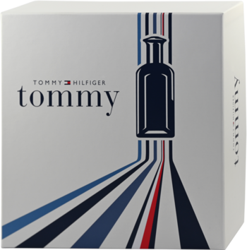 Białe pudełko męskiego zestawu Tommy Hilfiger Tommy, widok z przodu. Grafika butelki i promieniste, kolorowe pasy.