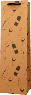 Brązowa papierowa torebka prezentowa na wino, z motywem butelek i kieliszków oraz czarnymi uchwytami.