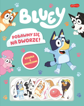 Książka Bluey z 12 magnesami, turkusowa okładka z uśmiechniętymi Bingo i Bluey, blistry z magnesami na dole.