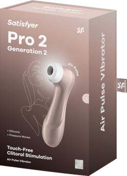 Opakowanie wibratora Satisfyer Pro 2 Gen 2 Air-Pulse, różowozłote z brązowymi akcentami, widok z przodu.