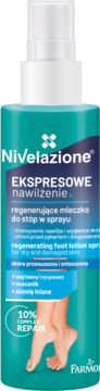 Nivelazione Express Nawilżenie, regenerujące mleczko do stóp w sprayu, turkusowa butelka z białym atomizerem, widok z przodu.