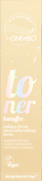 OnlyBio Hair in Balance toner banoffee do blond włosów, widok z przodu, złoto-beżowe opakowanie z irydowym napisem.