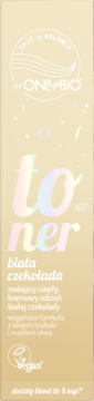 Toner do włosów blond OnlyBio Hair in Balance biała czekolada. Kremowe opakowanie, widok z przodu, logo Vegan.