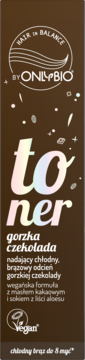 Toner OnlyBio Hair in Balance Gorzka Czekolada, chłodny brąz. Ciemnobrązowe opakowanie z napisem "toner" w hologramie.
