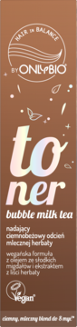 OnlyBio Hair in Balance toner do włosów, brązowe opakowanie z opalizującym napisem 'toner', odcień bubble milk tea, wegański. Widok z przodu.