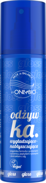 Niebieski spray OnlyBio Hair in Balance, odżywka wygładzająco-nabłyszczająca, widok z przodu.