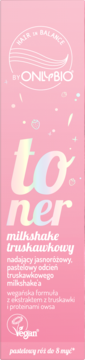 Różowy toner OnlyBio Hair in Balance Milkshake Truskawkowy, nadający pastelowy róż do 8 myć, widok z przodu.