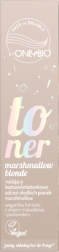 OnlyBio Toner marshmallow blonde, beżowe opakowanie z błyszczącym napisem, widok frontu, dla blond włosów.