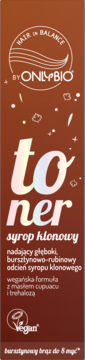 OnlyBio Hair in Balance toner, syrop klonowy, bursztynowy odcień. Ciemnopomarańczowe opakowanie, napis toner hologramowy.