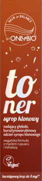 OnlyBio Hair in Balance toner w brązowym prostokątnym opakowaniu, iridescentny napis 'toner', syrop klonowy odcień, vegan.