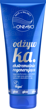 Granatowa tubka odżywki OnlyBio Hair in Balance, ekstremalnie regenerująca, z białym tekstem, widok z przodu.