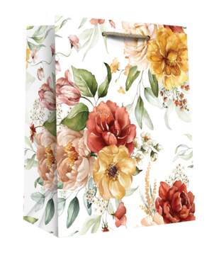 Torba prezentowa z akwarelowym wzorem jesiennych kwiatów w odcieniach pomarańczu, czerwieni i zieleni, widoczna w stosie.