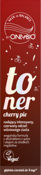 OnlyBio Cherry Pie toner do włosów w czerwonej butelce, przód z napisem "nadający czerwony odcień".