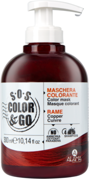 Maska koloryzująca Alama S.O.S. Color & Go Copper w ciemnoczerwonej butelce z białą pompką, widok z przodu.