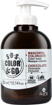 Brązowa butelka maski koloryzującej Alama SOS Color & Go Chocolate 300ml z białą pompką, widok z przodu.