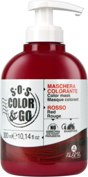 Czerwona maska koloryzująca Alama S.O.S Color & Go w butelce z pompką, widok z przodu, napis Rosso.