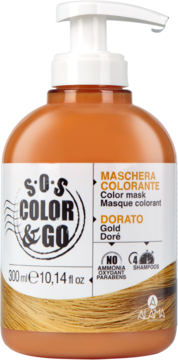 Alama S.O.S Color & Go złota maska koloryzująca do włosów blond, 300ml, pomarańczowa butelka z pompką.