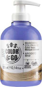 Alama S.O.S Color & Go maska koloryzująca srebrna w fioletowej butelce z pompką, widok z przodu.