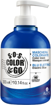 Maska koloryzująca Alama S.O.S Color & Go Electric Blue, niebieska butelka 300ml z białą pompką.