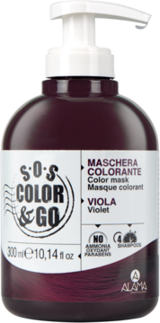 Fioletowa maska koloryzująca Alama S.O.S Color & Go Viola w butelce 300ml z białą pompką, widok z przodu.