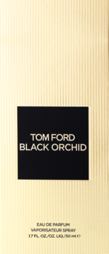 Tom Ford Black Orchid woda perfumowana, 50ml. Złote, żłobione pudełko z czarną etykietą, widok z przodu.