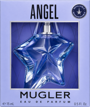 Mugler Angel damska woda perfumowana refillable, w fioletowym opakowaniu z błękitną butelką gwiazdą.