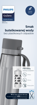 Szara butelka filtrująca Philips GoZero Daily 660ml, widok z boku. Redukuje chlor, ołów i pestycydy, oszczędza 450 butelek.