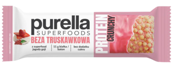 Purella Protein Crunchy truskawkowa beza z jagodami goji w różowo-białym opakowaniu, widok z przodu.