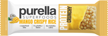 Purella Superfoods Mango Crispy Rice protein bar, żółte opakowanie, widok z przodu z widoczną chrupiącą teksturą.