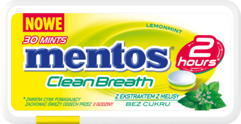 Opakowanie miętowych pastylek Mentos Clean Breath Lemonmint, żółto-zielone, bez cukru, z melisą i cynkiem, widok z przodu.