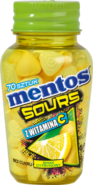 Mentos Sours, żółta butelka 70 kwaśnych pastylek bez cukru o smaku cytrynowym z witaminą C, przód.