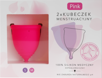 Zestaw 2 różowych kubeczków menstruacyjnych Pink (S, M) z silikonu medycznego, widocznych w otwartym pudełku.