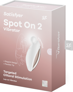 Angled view of rose-pink Satisfyer Spot On 2 Vibrator box, showing white clitoral vibrator with glowing tip.