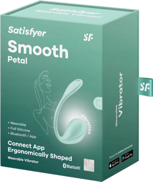Miętowo-zielone pudełko Satisfyer Smooth Petal, wibrator z aplikacją, widok z przodu z ilustracją produktu.