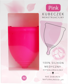 Różowy kubeczek menstruacyjny Pink, rozmiar M, z medycznego silikonu, widoczny przez okienko w pudełku.