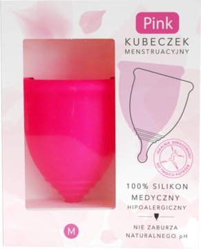 Różowy kubeczek menstruacyjny Pink, rozmiar M, z medycznego silikonu, widoczny przez okienko w pudełku.