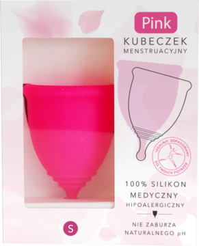 Fuksjowy kubeczek menstruacyjny Pink, rozmiar S, z medycznego silikonu, w białym opakowaniu z wycięciem.