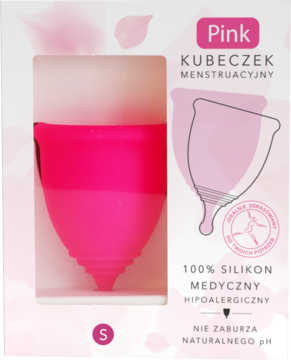 Fuksjowy kubeczek menstruacyjny Pink, rozmiar S, z medycznego silikonu, w białym opakowaniu z wycięciem.
