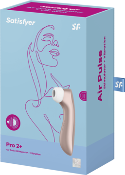 Różowozłoty stymulator Satisfyer Pro 2+ Air Pulse, częściowo wysunięty z błękitnego pudełka z grafiką.