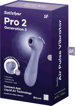 Satisfyer Pro 2 Generation 3, lilakowy wibrator powietrzno-pulsacyjny w fioletowym pudełku, widok z przodu.