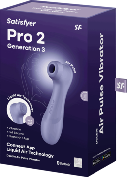 Satisfyer Pro 2 Generation 3, lilakowy wibrator powietrzno-pulsacyjny w fioletowym pudełku, widok z przodu.