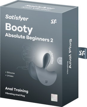 Szare pudełko Satisfyer Booty Absolute Beginners 2, wibrujący korek analny, widok z przodu z ilustracją produktu.