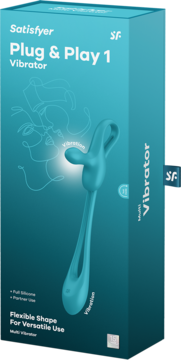 Wibrator Satisfyer Plug & Play 1 w turkusowym, pionowym pudełku, z grafiką elastycznego, dwustronnego wibratora.