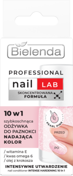 Bielenda Professional Nail Lab 10w1 odżywka Pearl Pink, butelka, wizualizacja efektu przed/po na paznokciach.