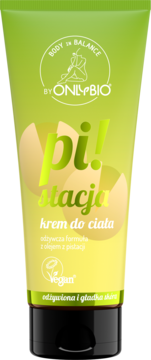 OnlyBio Pi!Stacja odżywczy krem do ciała z pistacjami, zielono-żółta tubka z czarną nakrętką, widok z przodu, vegan.