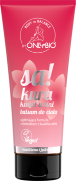 OnlyBio Sakura ujędrniający balsam do ciała w różowej tubce, z kwiatem wiśni, vegan, widok z przodu.