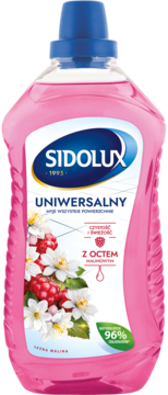 Różowy płyn Sidolux Uniwersalny z octem malinowym, butelka widok przodu, etykieta z owocami.