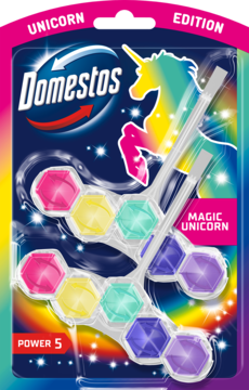 Domestos Power 5 Magic Unicorn kostka WC, 2 sztuki w opakowaniu. Tęczowe tło z jednorożcem, różowe, żółte, niebieskie bloki.