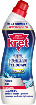 Biała butelka żelu do WC Kret Lemon Biel Higiena, z czerwoną nakrętką, aktywny chlor, widok z przodu.